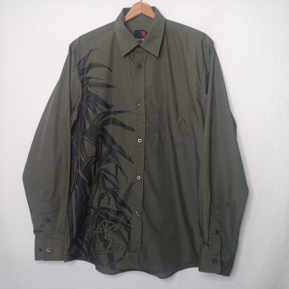 Da Hui Hawaii Mens Medium Shirt Long Sleeve Olive Black Aloha North Shore Oahu